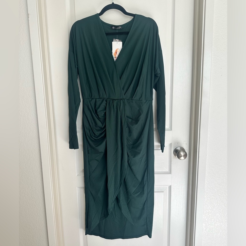 Pretty Garden Emerald Green Wrap Midi Dress Size Medium